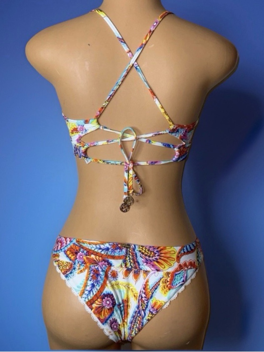 Luli Fama Multicolor Floral Lace-Trim Bikini - White, Orange, Pink, Blue, Yellow - Picture 3 of 5